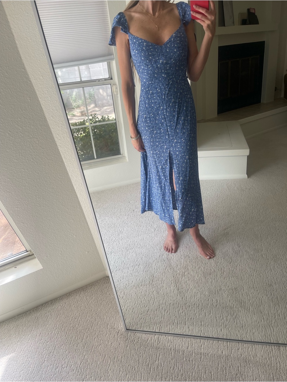 Reformation Blue Floral Midi Dress with Sweetheart Neckline
